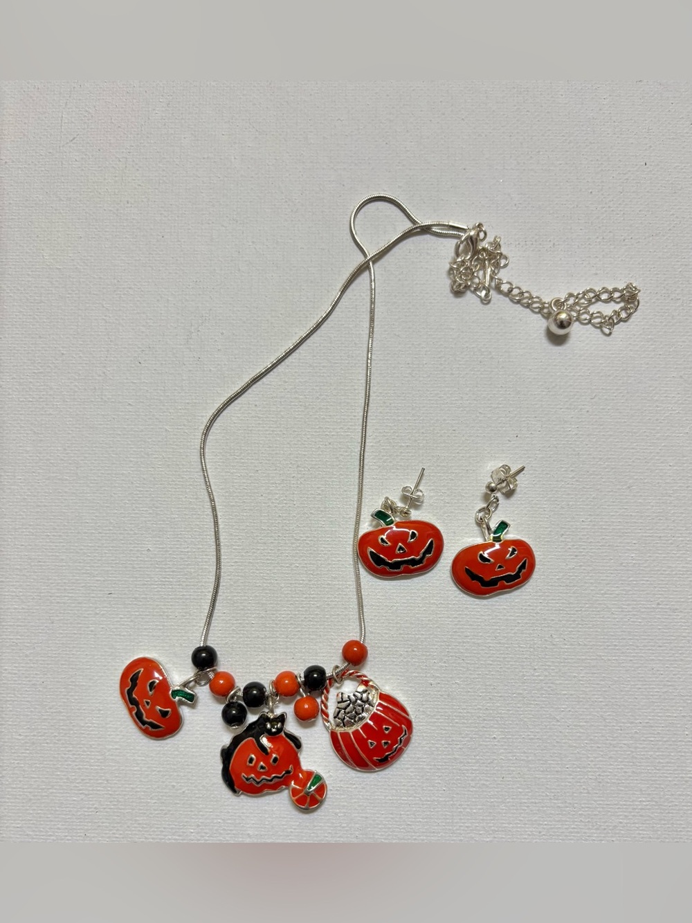 Halloween Jack-o’-lantern Enamel Necklace and Earrings Set